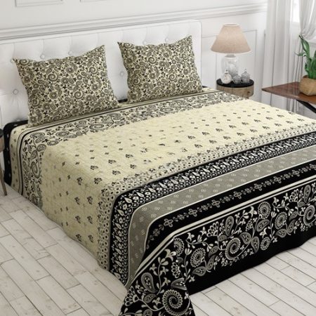 Black Cream Colours Printed Bed Sheet With 2 Pillow Covers