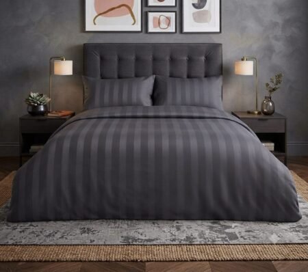 Plain Dark Grey Stripe Bed Sheet With 2 Pillow Covers