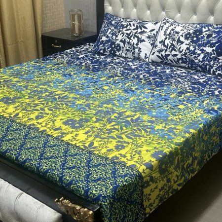 BlueYellow Colours Printed Bed Sheet With 2 Pillow Covers