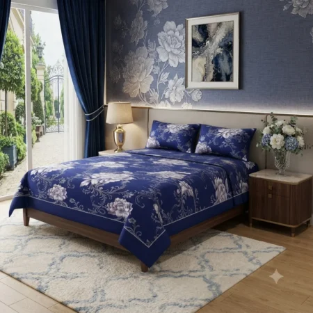 Midnight Blue & Silver Bloom Bedding