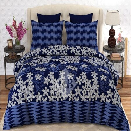 Blue White Flowers Printed Bed Sheet With 2 Pillow Covers