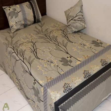 Grey Cream Colours Printed Bed Sheet With 2 Pillow Covers