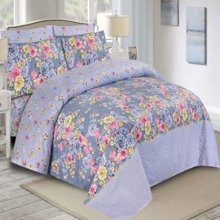 Grey Red Flowers Colours Printed Bed Sheet With 2 Pillow Covers