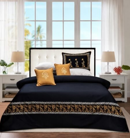 Black Golden Silk Satin Bridal Bed Set with Block Printing