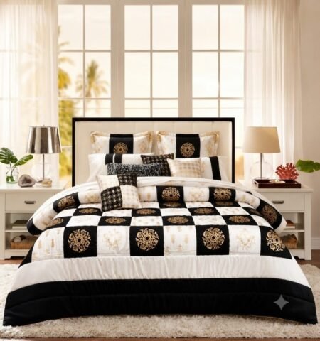 Black White Silk Satin Bridal Bed Set with Block Printing