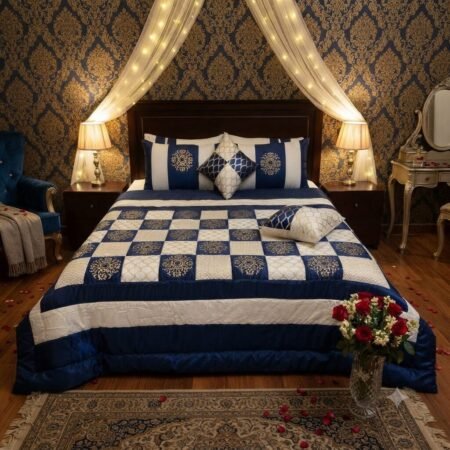 Blue White Golden Lining Silk Satin Bridal Bed Set with Block Printing