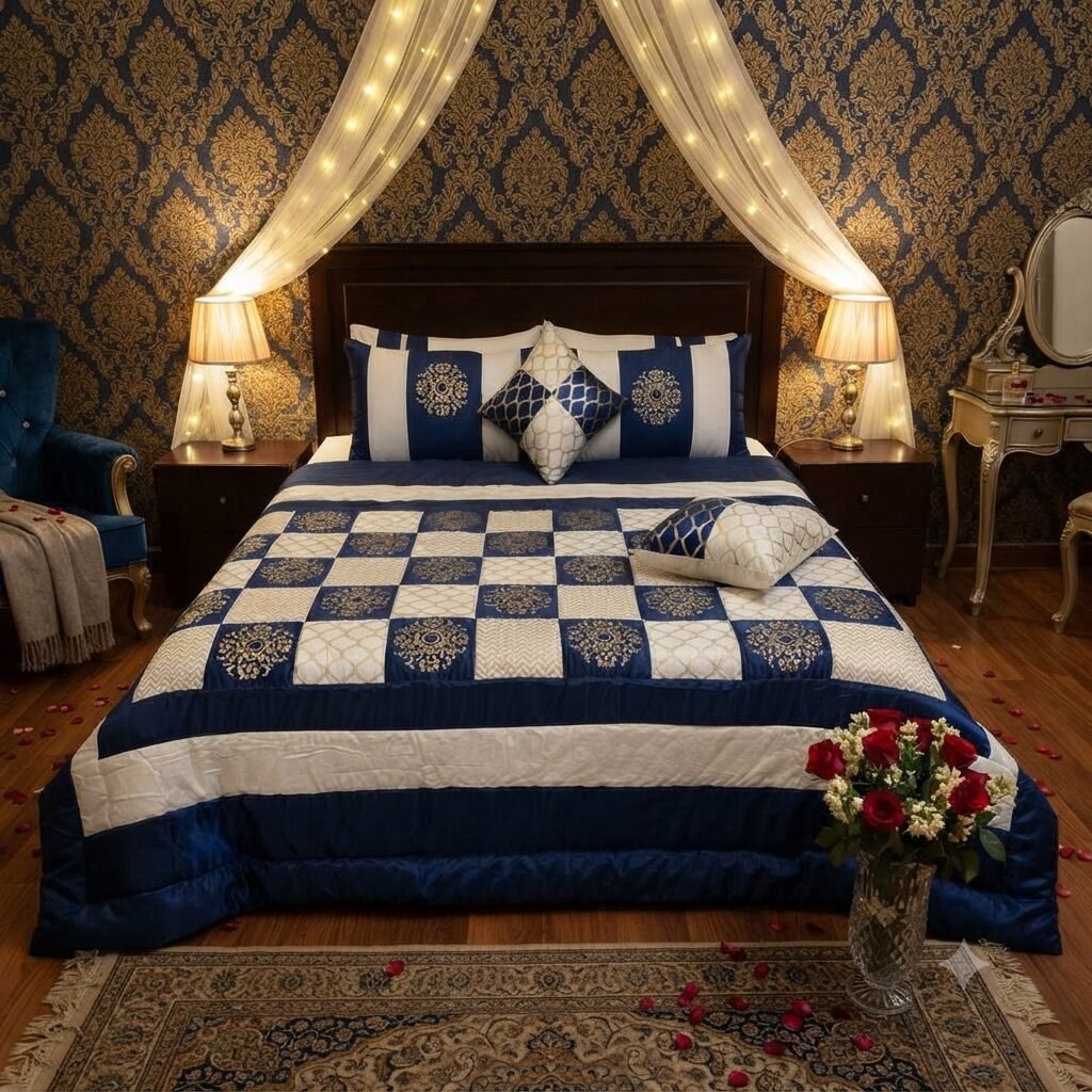 Blue White Golden Lining Silk Satin Bridal Bed Set with Block Printing Blue White Golden Lining Silk Satin Bridal Bed Set with Block Printing