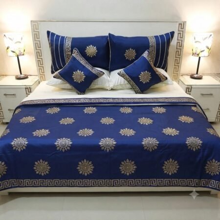 Blue White Silk Satin Bridal Bed Set with Block Printing