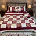 Maroon White Golden Monogram Silk Satin Bridal Bed Set with Block Printing