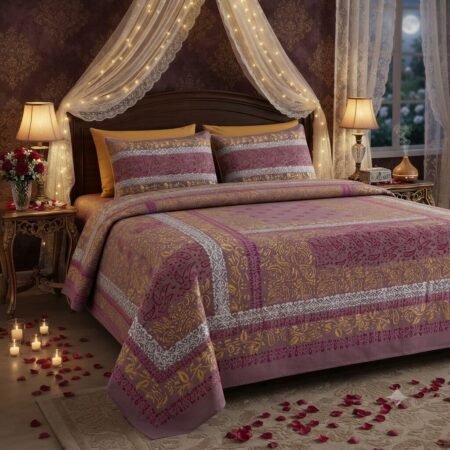 Mud Printed Silk Satin Bridal Bed Set with Block Printing