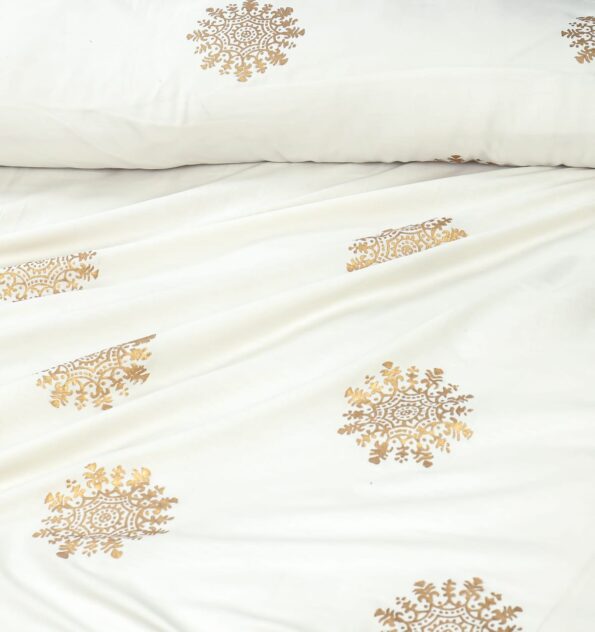 Plain White Silk Satin Bridal Bed Set with Block Printing