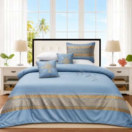Sky Gold Silk Satin Bridal Bed Set with Block Printing