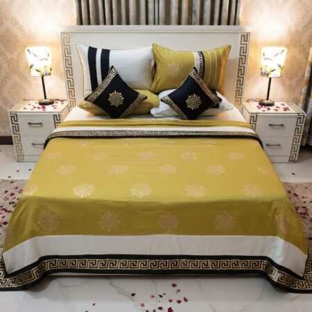 Yellow White Silk Satin Bridal Bed Set with Block Printing