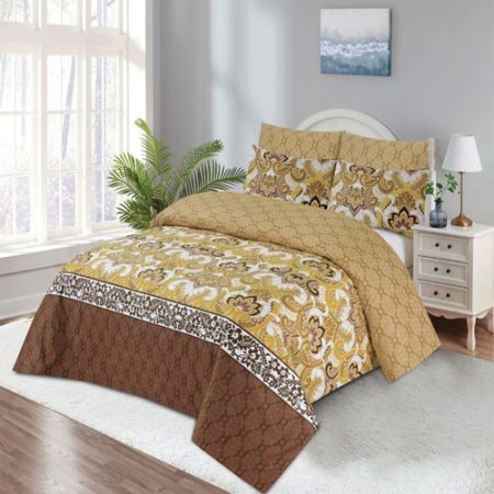 Brown light Yellow Colours Printed Bed Sheet With 2 Pillow Covers