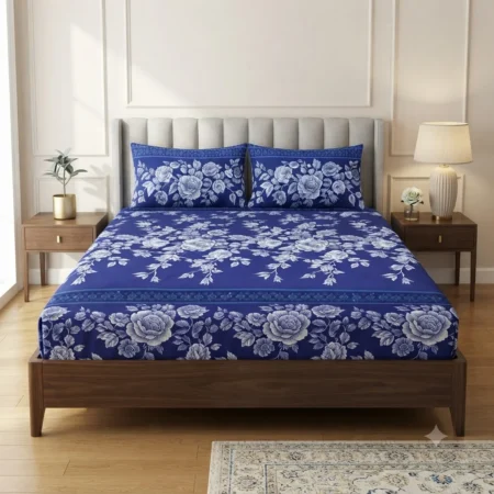 Elegant Blue Rose Cotton Bed Sheet Set