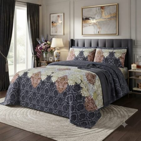 Grey Brown Colours Printed Bed Sheet With 2 Pillow Covers