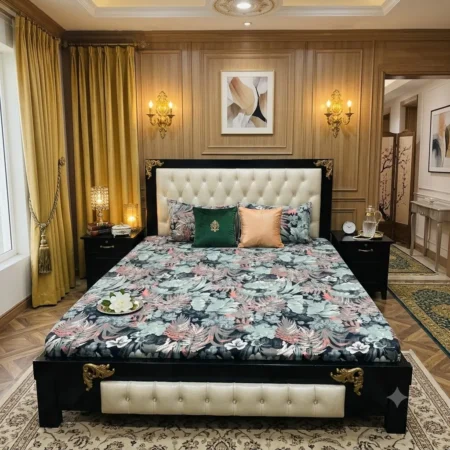 Luxury Dark Tropical Leaf Printed Double Bed Sheet with 2 Pillow Covers