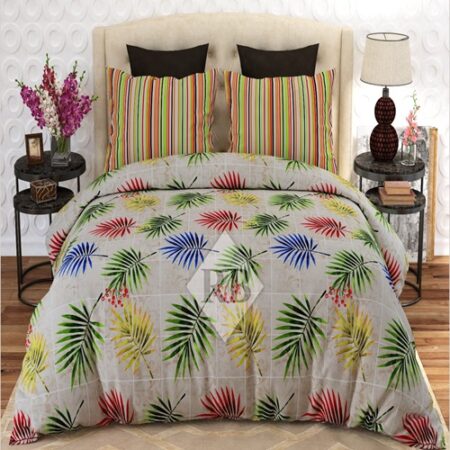 Red Green Flower Printed Bed Sheet With 2 Pillow Covers
