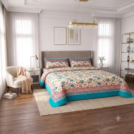 Teal Blue Floral Printed Bedsheet with Pillow Covers