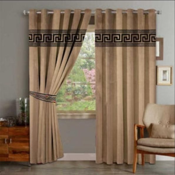 Beige & Black Velvet Laser Cut Design Curtains ( Set of 2 Pcs with 2 Belts )