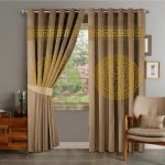 Beige Brown & Golden Luxury Velvet Monogram Curtains ( Set of 2 Pcs with 2 Belts )