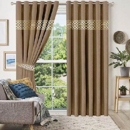 Beige and Golden Velvet Laser Cut Design Curtains ( Set of 2 Pcs with 2 Belts )