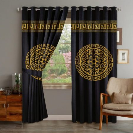 Black & Golden Luxury Velvet Monogram Curtains ( Set of 2 Pcs with 2 Belts )