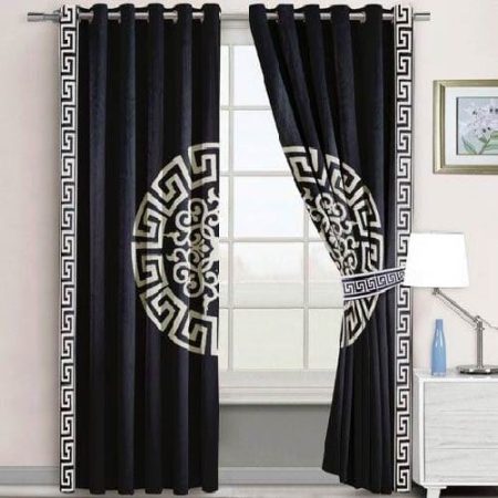 Black & White Luxury Velvet Monogram Curtains ( Set of 2 Pcs with 2 Belts )