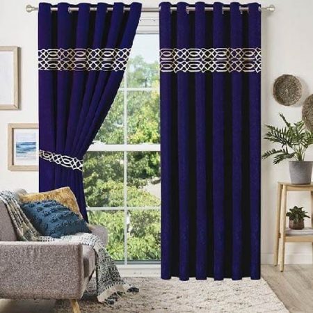 Blue & Golden Velvet Laser Cut Design Curtains ( Set of 2 Pcs with 2 Belts )