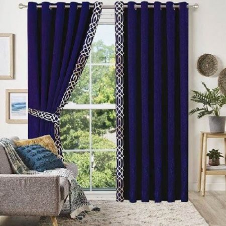 Blue & Golden Velvet Laser Cut Design Curtains ( Set of 2 Pcs with 2 Belts )