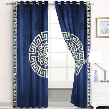 Blue & Off White Luxury Velvet Monogram Curtains ( Set of 2 Pcs with 2 Belts )