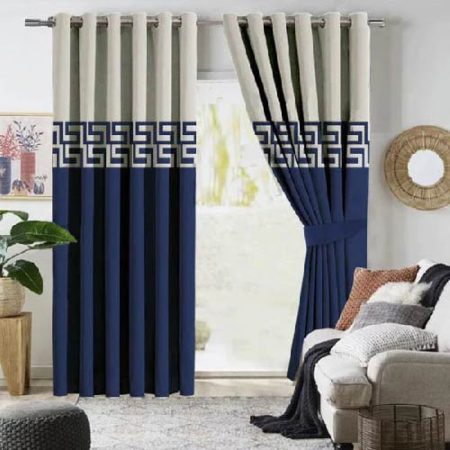 Blue & Off White Velvet Laser Cut Design Curtains ( Set of 2 Pcs with 2 Belts )