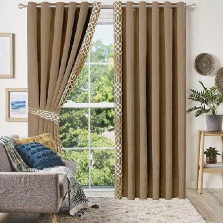 Camel & Golden Velvet Laser Cut Design Curtains ( Set of 2 Pcs with 2 Belts )