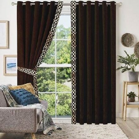 Chocolate Brown & Golden Velvet Laser Cut Design Curtains ( Set of 2 Pcs with 2 Belts )