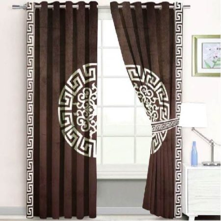 Chocolate Brown & Off White Luxury Velvet Monogram Curtains ( Set of 2 Pcs with 2 Belts )