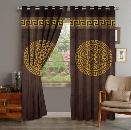 Chocolate & Golden Luxury Velvet Monogram Curtains ( Set of 2 Pcs with 2 Belts )