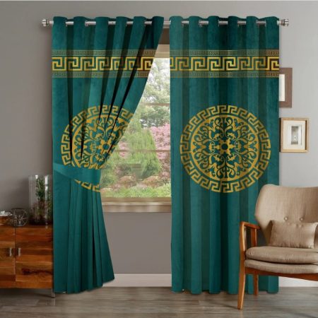 Green Brown & Golden Luxury Velvet Monogram Curtains ( Set of 2 Pcs with 2 Belts )