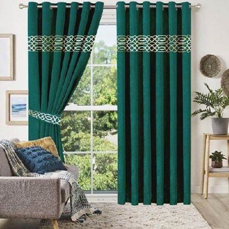 Green & Golden Velvet Laser Cut Design Curtains ( Set of 2 Pcs with 2 Belts )