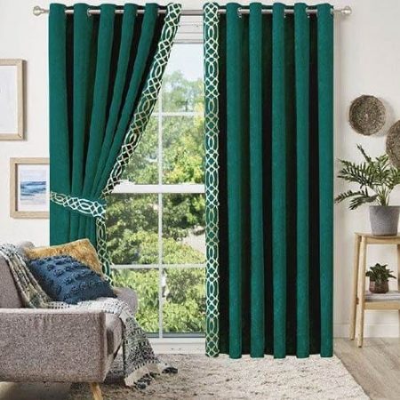 Green & Off White Velvet Laser Cut Design Curtains ( Set of 2 Pcs with 2 Belts )