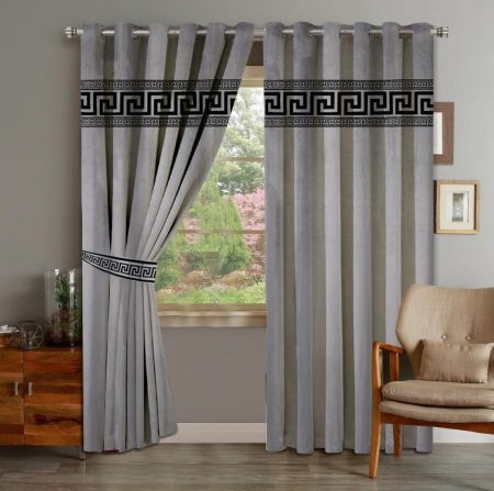 Grey & Black Velvet Laser Cut Design Curtains ( Set of 2 Pcs with 2 Belts )