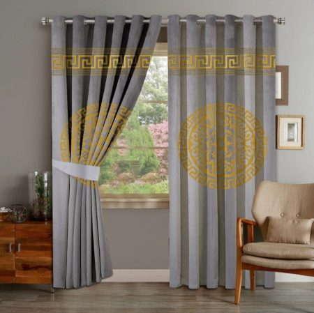 Grey Brown & Golden Luxury Velvet Monogram Curtains ( Set of 2 Pcs with 2 Belts )