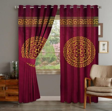 Maroon Brown & Golden Luxury Velvet Monogram Curtains ( Set of 2 Pcs with 2 Belts )