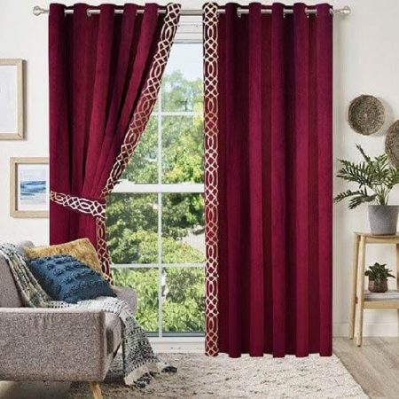 Maroon & Golden Velvet Laser Cut Design Curtains ( Set of 2 Pcs with 2 Belts )