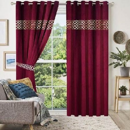 Maroon & Golden Velvet Laser Cut Design Curtains ( Set of 2 Pcs with 2 Belts )