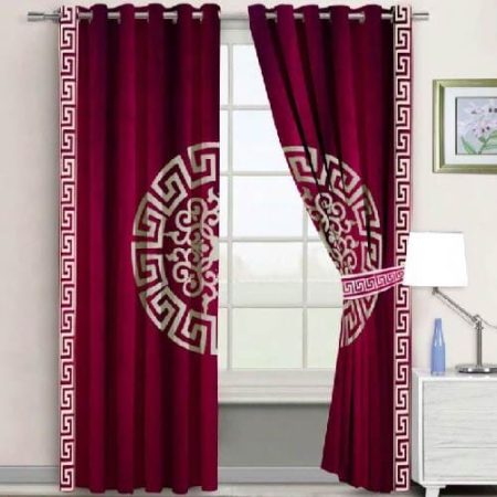 Maroon & Off White Luxury Velvet Monogram Curtains ( Set of 2 Pcs with 2 Belts )