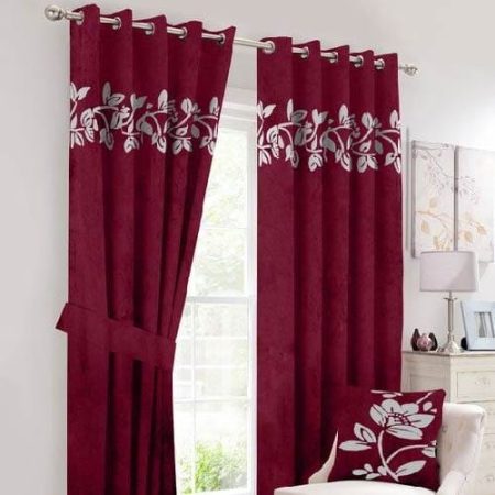 Maroon & Off White Velvet Laser Cut Design Curtains ( Set of 2 Pcs with 2 Belts )