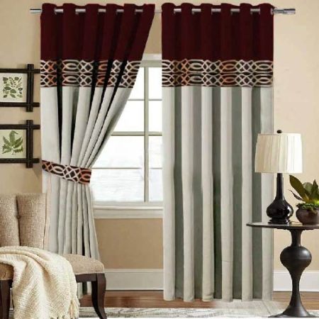 Maroon & Off White Velvet Laser Cut Design Curtains ( Set of 2 Pcs with 2 Belts )