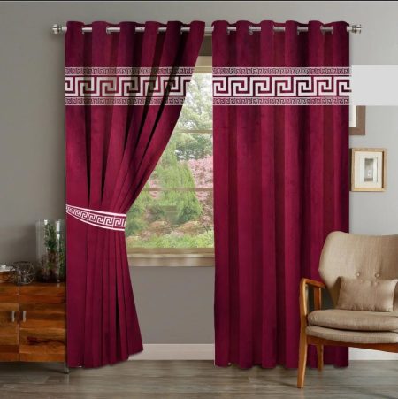 Maroon & White Velvet Laser Cut Design Curtains ( Set of 2 Pcs with 2 Belts )