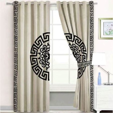 Off White & Black Luxury Velvet Monogram Curtains ( Set of 2 Pcs with 2 Belts )