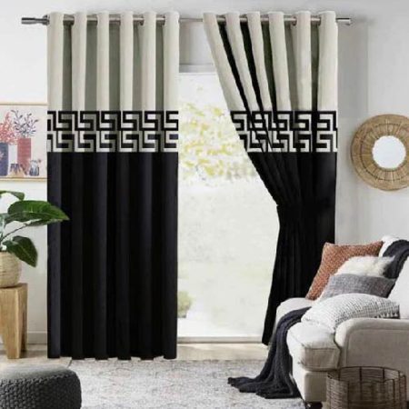 Off White & Black Velvet Laser Cut Design Curtains ( Set of 2 Pcs with 2 Belts )